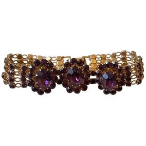 Vintage Purple Rhinestone Flower Gold Tone Wide Link Statement Bracelet 7 Inch